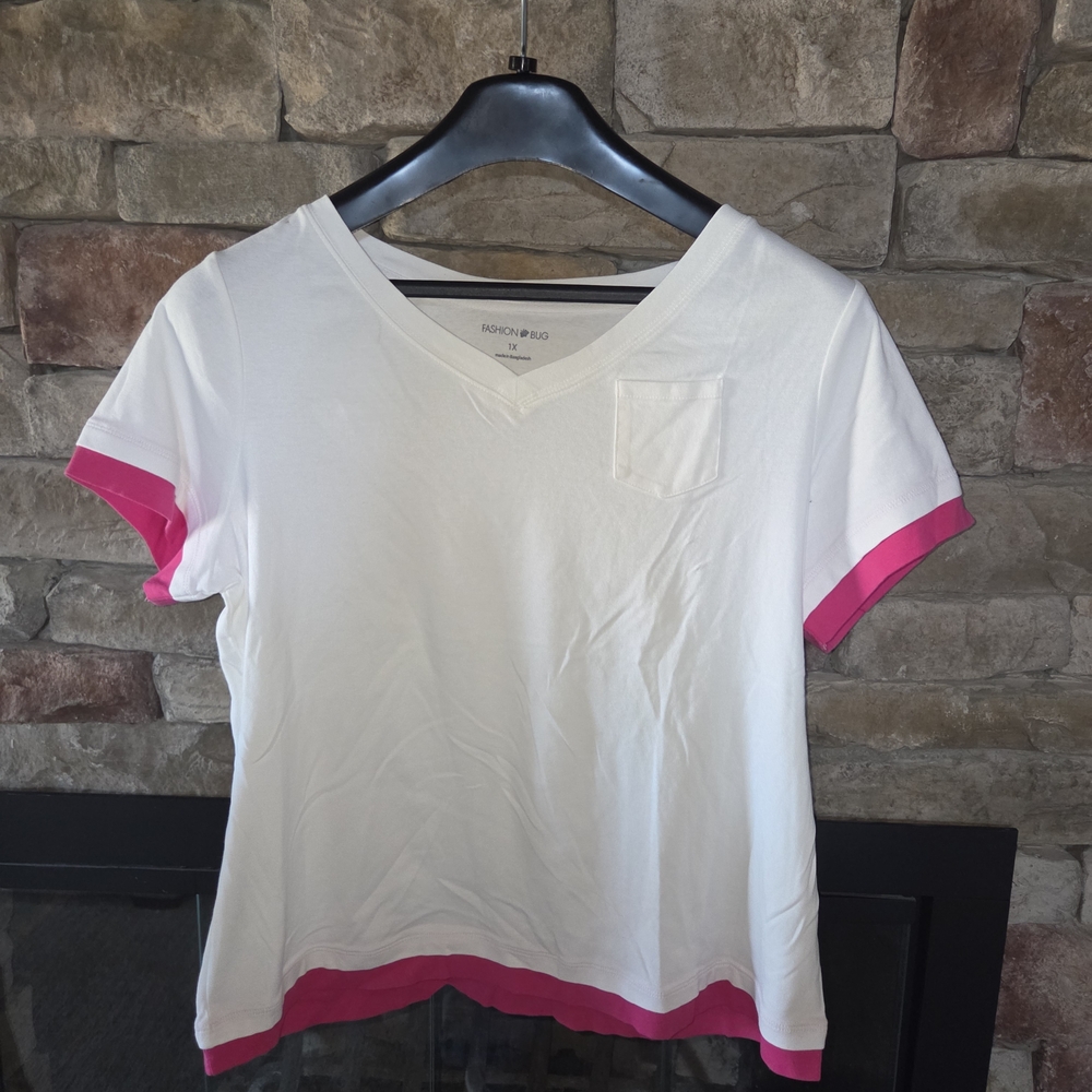 Fashion Bug White and Pink Short Sleeve V-Neck Top
